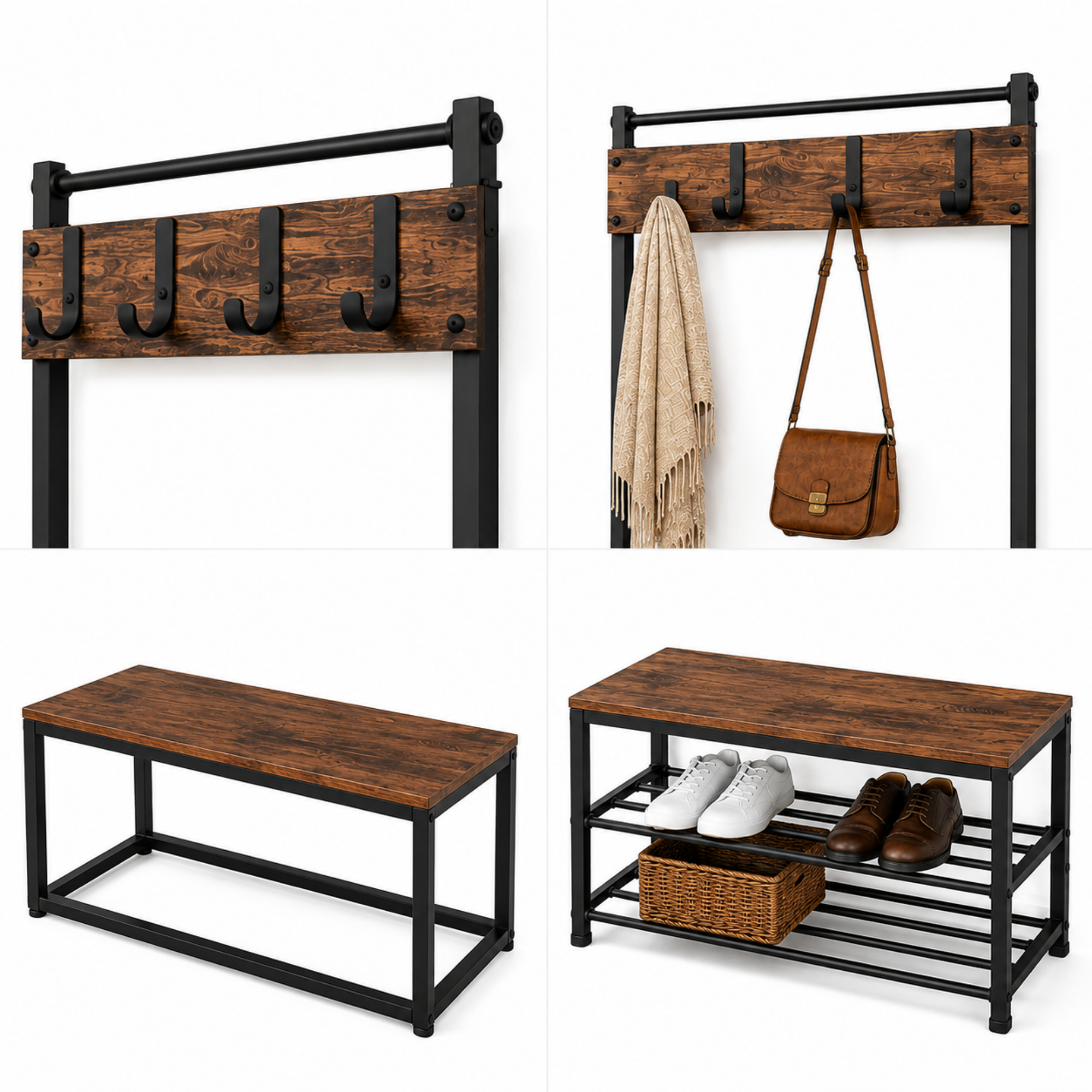 Cuier pentru Hol cu Banca si Raft pentru Pantofi, Stejar Inchis/Negru, 79.5 x 32 x 175 cm