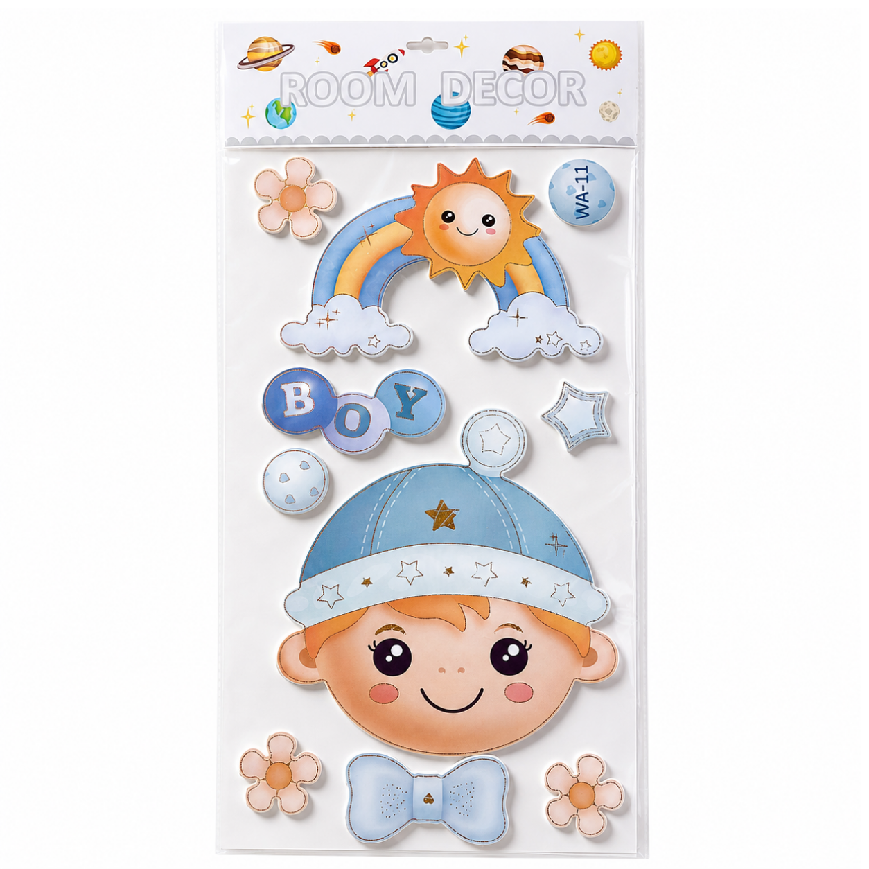 Autocolant 3D Decorativ pentru Camera Copiilor – Bebe Boy cu Curcubeu si Soare, Efect Relief 33 × 60 cm