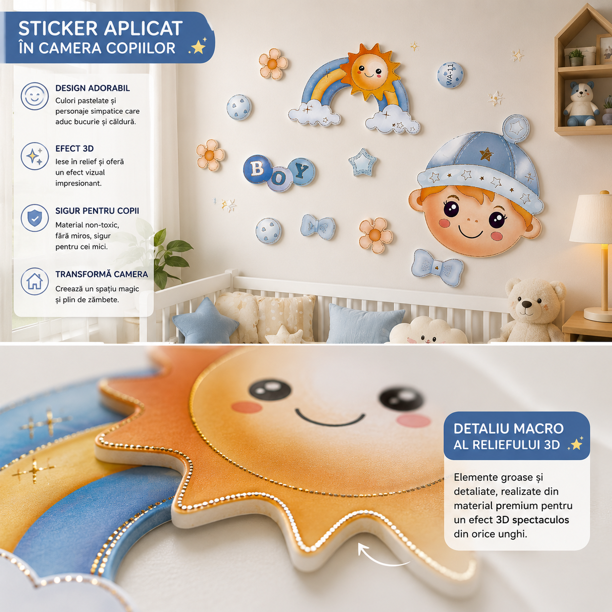 Autocolant 3D Decorativ pentru Camera Copiilor – Bebe Boy cu Curcubeu si Soare, Efect Relief 33 × 60 cm