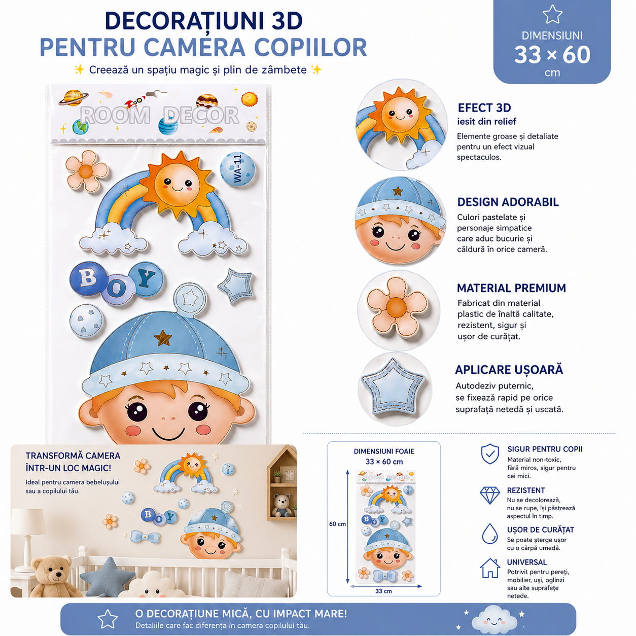Autocolant 3D Decorativ pentru Camera Copiilor – Bebe Boy cu Curcubeu si Soare, Efect Relief 33 × 60 cm