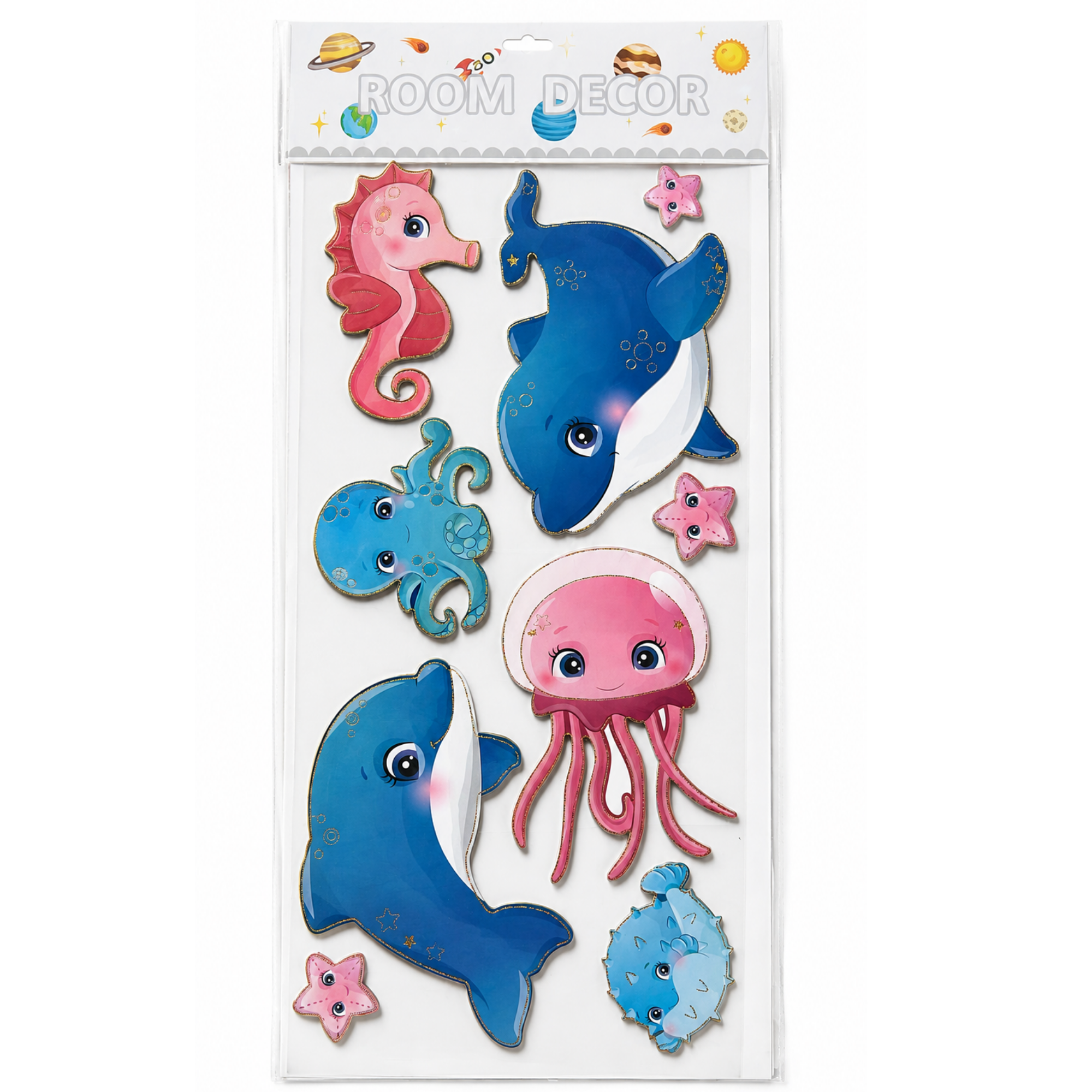 Autocolant Decorativ 3D Buretat pentru Perete, Lumea Oceanului cu Delfini și Animale Marine, 33 × 60 cm, Multicolor