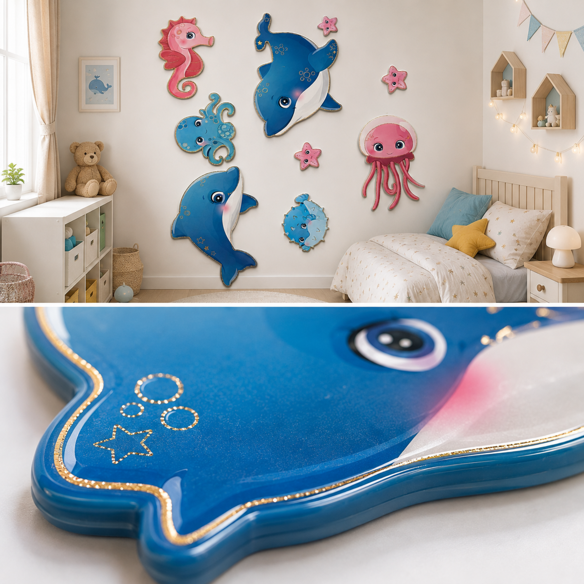 Autocolant Decorativ 3D Buretat pentru Perete, Lumea Oceanului cu Delfini și Animale Marine, 33 × 60 cm, Multicolor