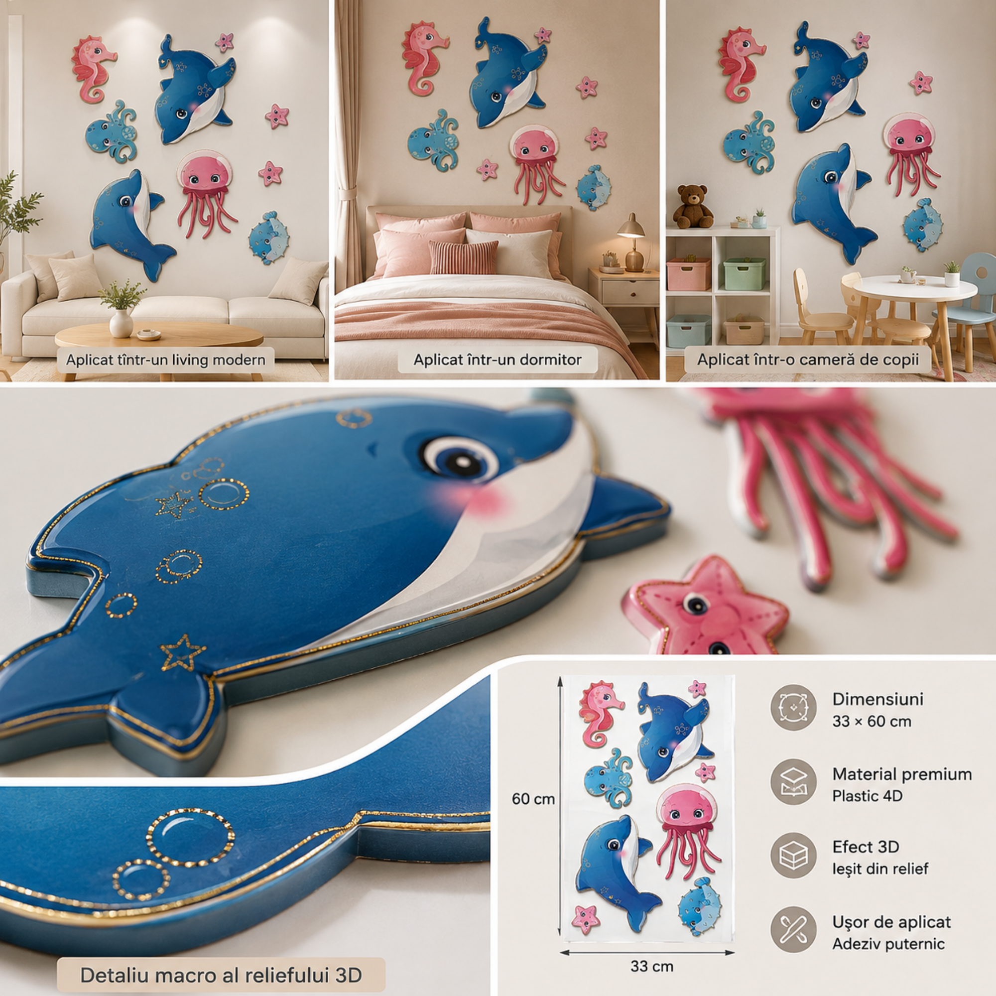 Autocolant Decorativ 3D Buretat pentru Perete, Lumea Oceanului cu Delfini și Animale Marine, 33 × 60 cm, Multicolor
