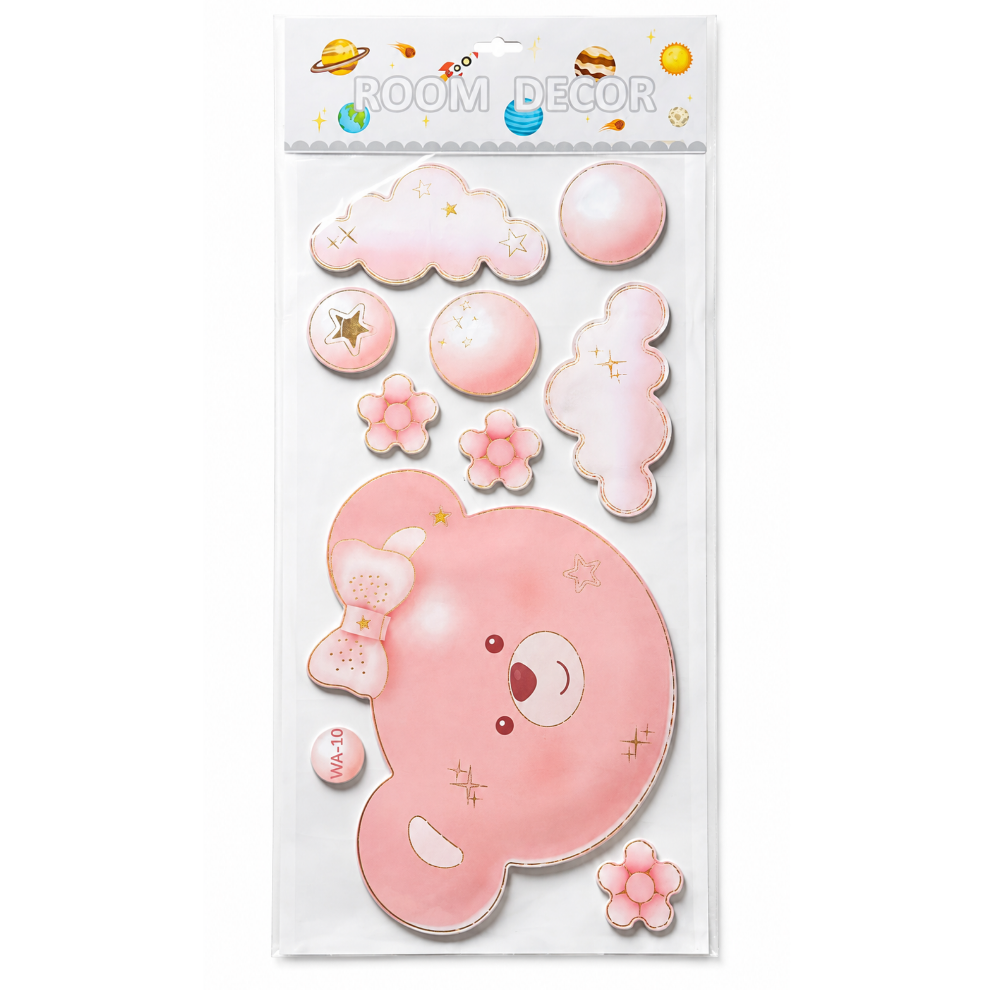 Autocolant Decorativ 3D Buretat pentru Perete, Ursuleț Roz cu Nori și Flori, 33 × 60 cm, Roz