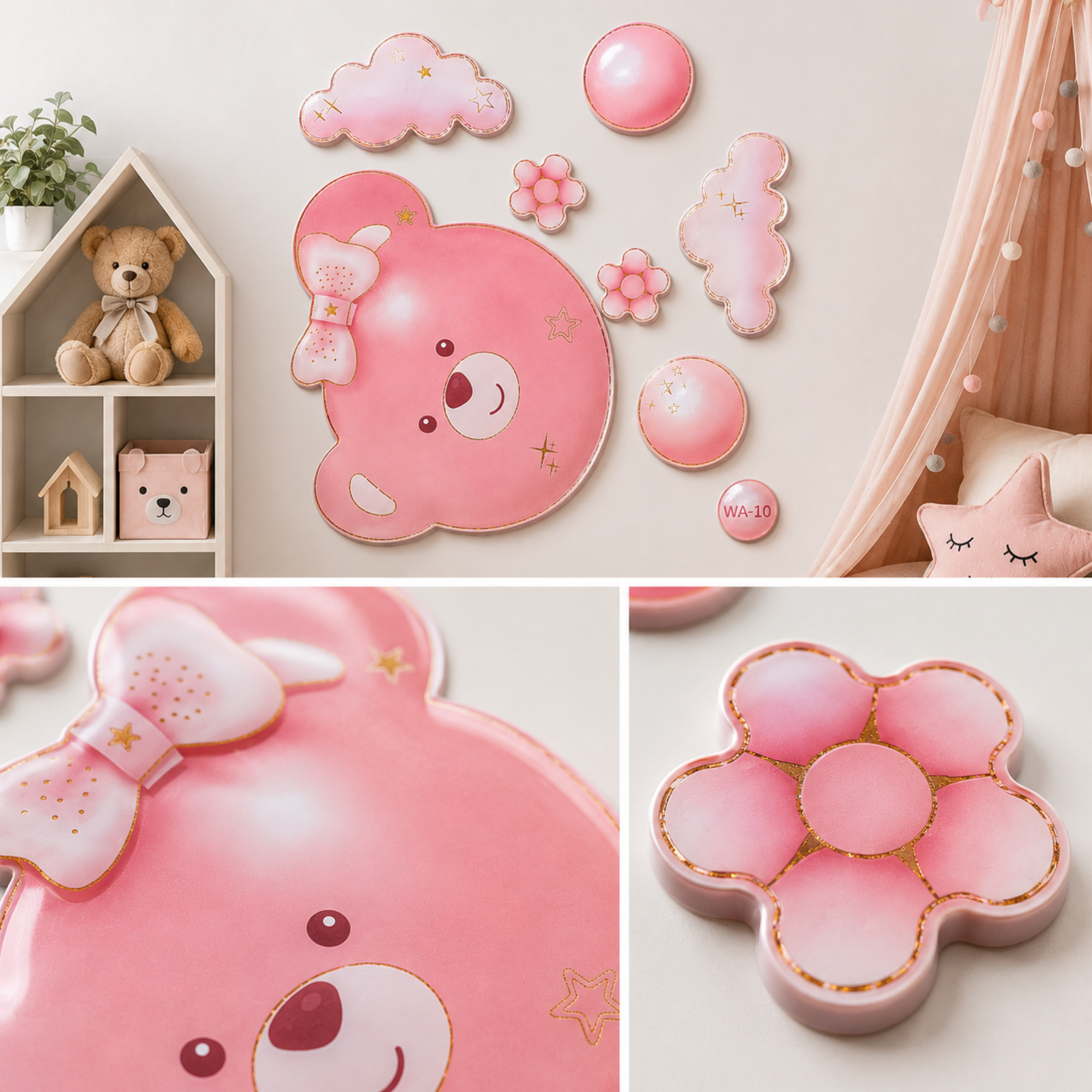 Autocolant Decorativ 3D Buretat pentru Perete, Ursuleț Roz cu Nori și Flori, 33 × 60 cm, Roz
