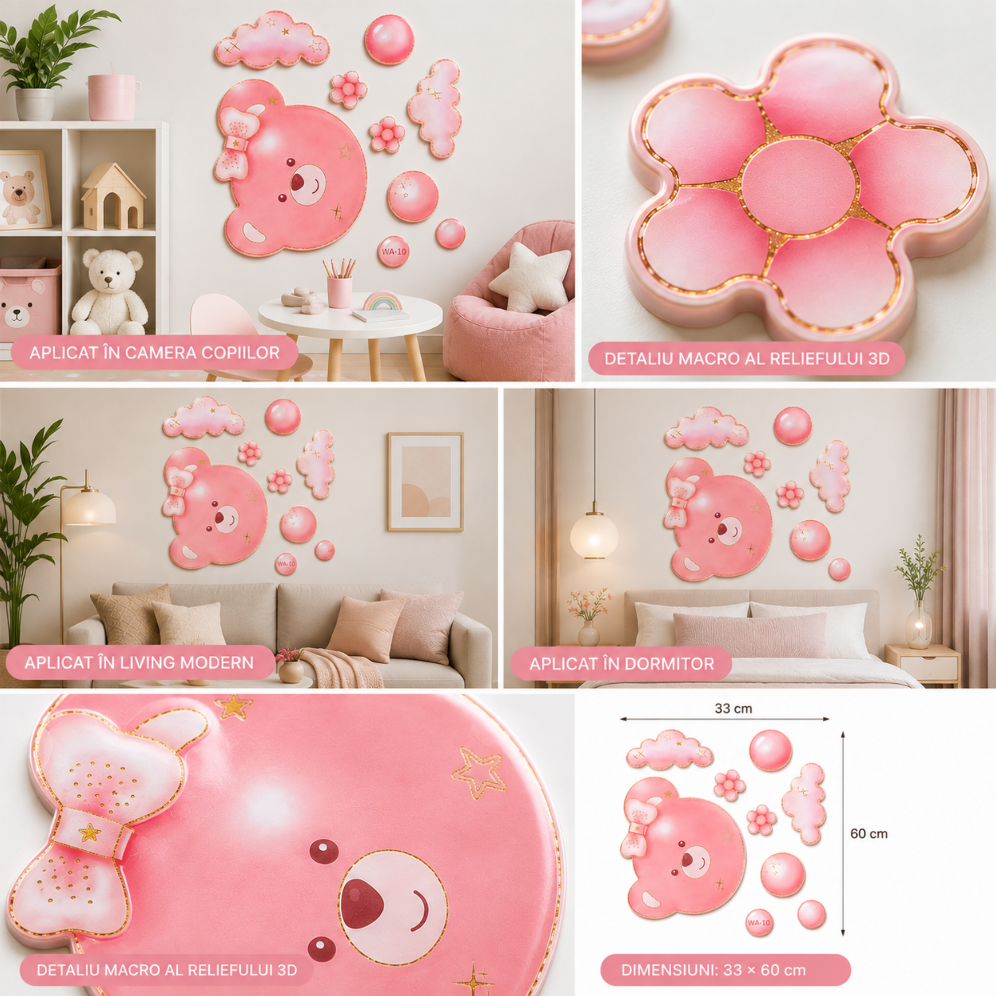 Autocolant Decorativ 3D Buretat pentru Perete, Ursuleț Roz cu Nori și Flori, 33 × 60 cm, Roz