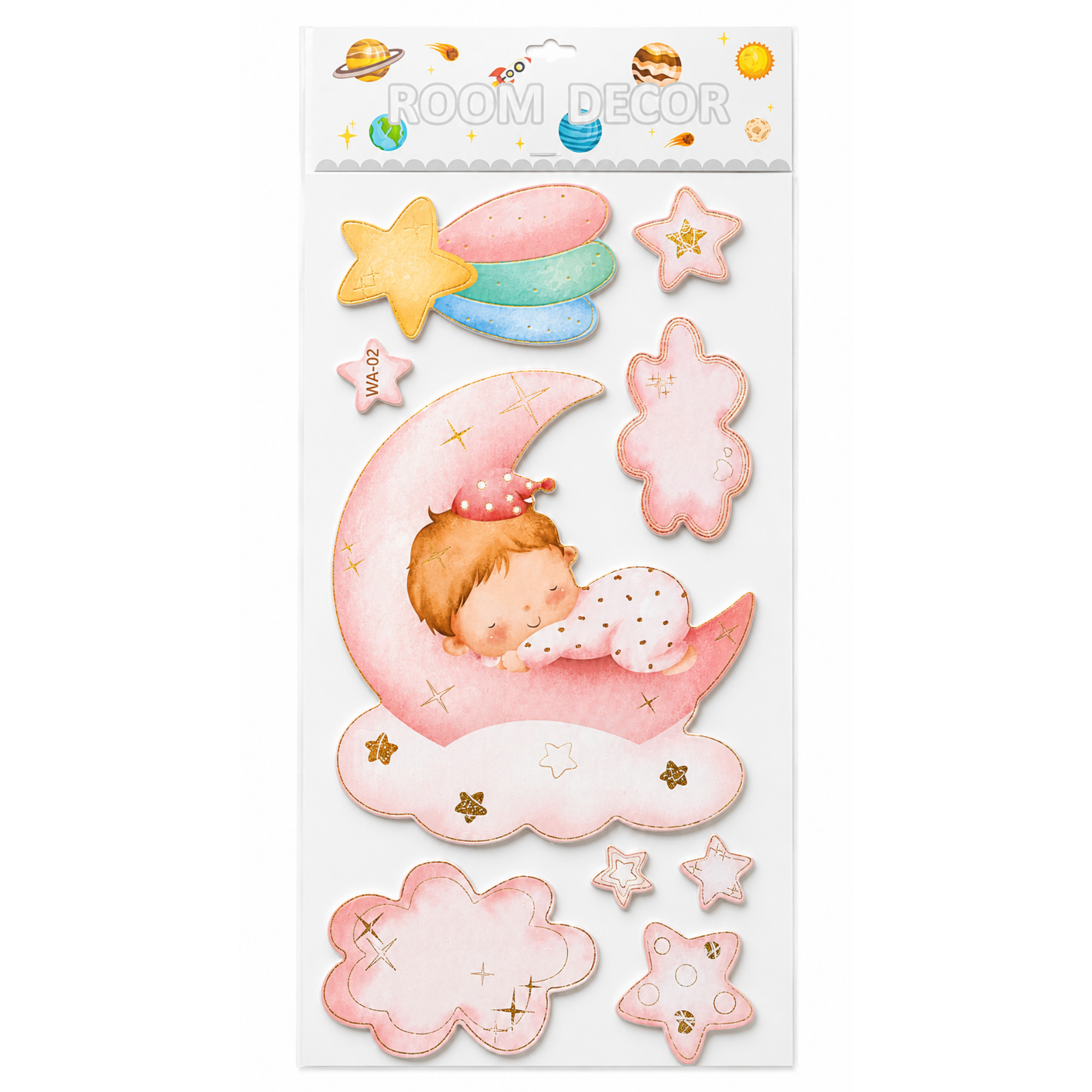 Autocolant Decorativ 3D Buretat pentru Perete, Bebe Adormit pe Lună cu Stele și Nori, 33 × 60 cm, Roz