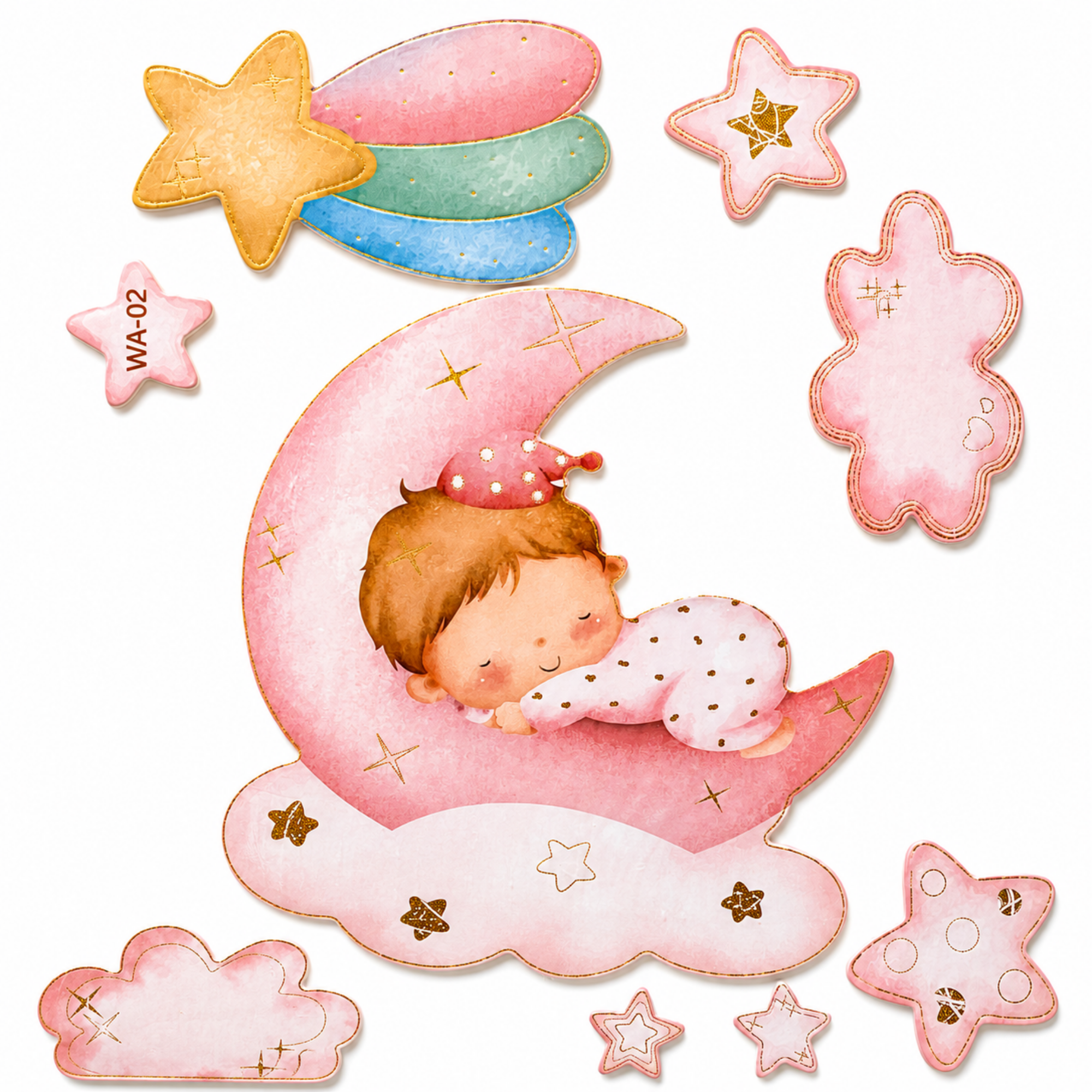 Autocolant Decorativ 3D Buretat pentru Perete, Bebe Adormit pe Lună cu Stele și Nori, 33 × 60 cm, Roz