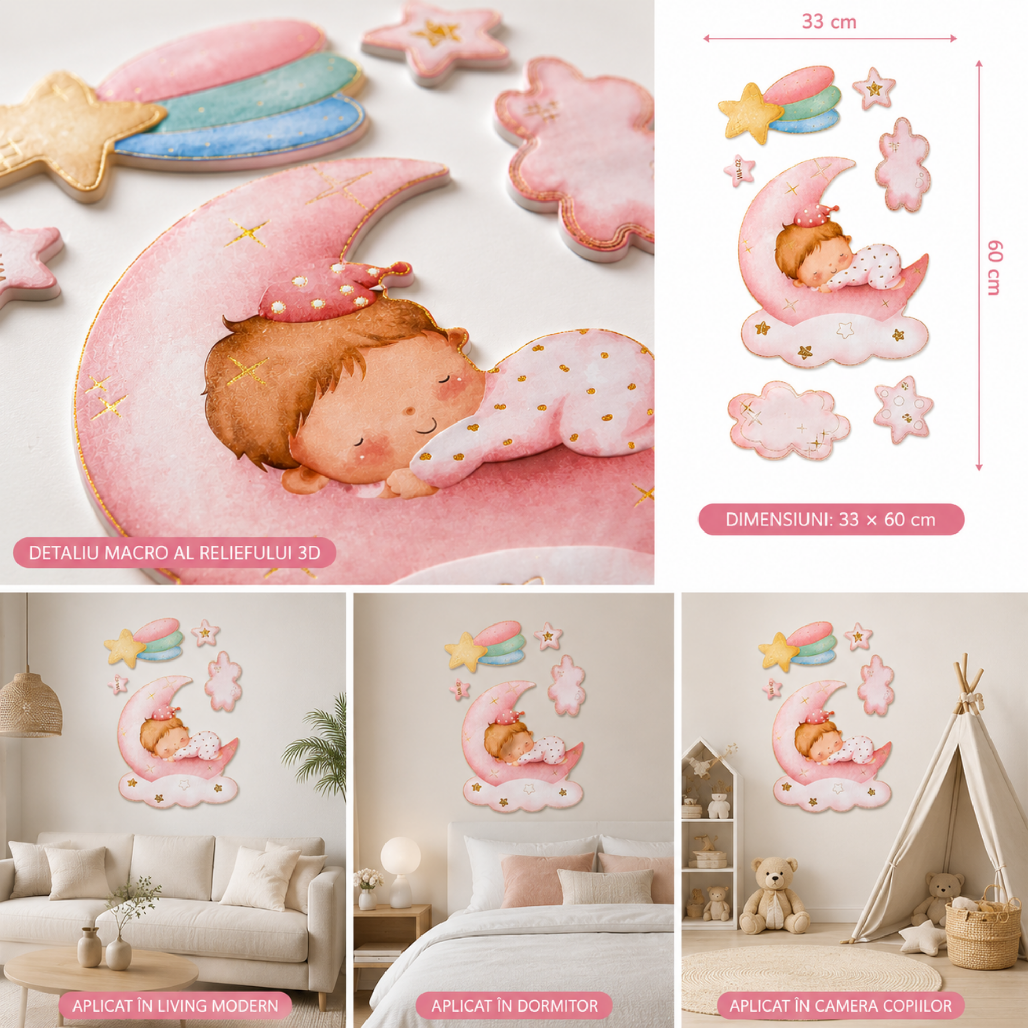 Autocolant Decorativ 3D Buretat pentru Perete, Bebe Adormit pe Lună cu Stele și Nori, 33 × 60 cm, Roz