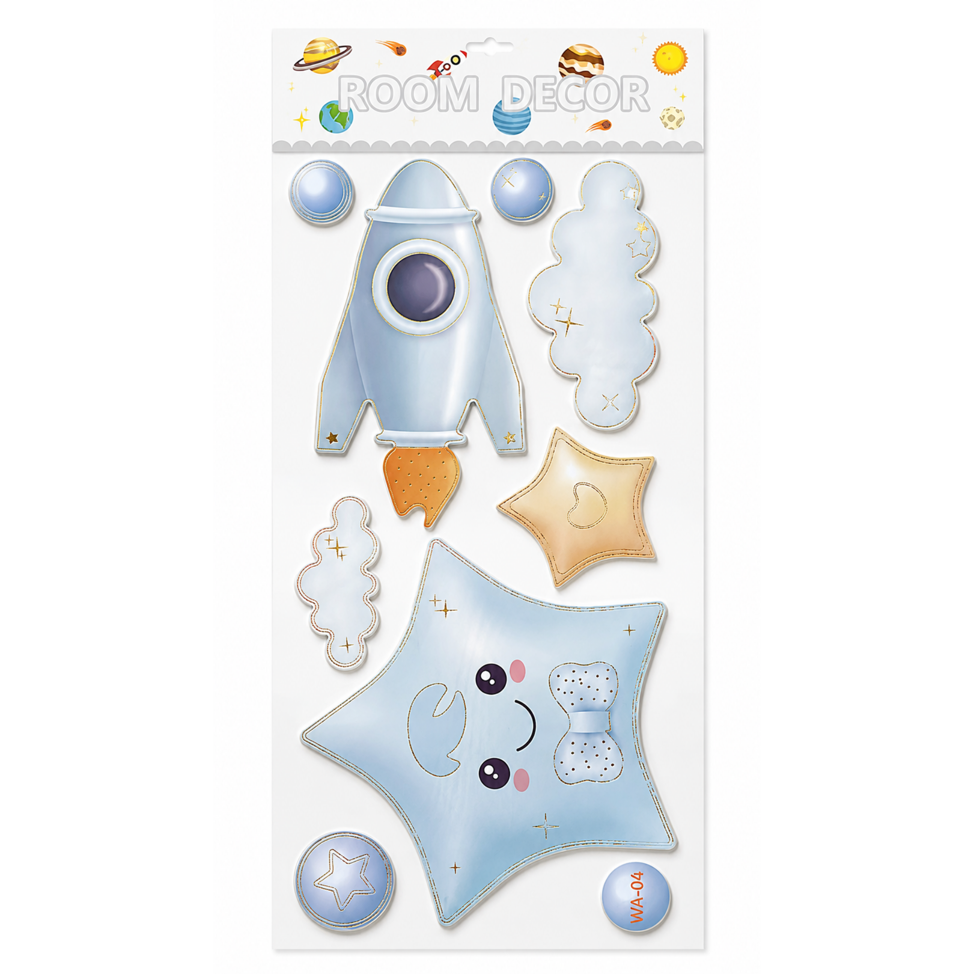 Autocolant Decorativ 3D Buretat pentru Perete, Rachetă și Steluță, Tematică Spațiu, 33 × 60 cm, Albastru