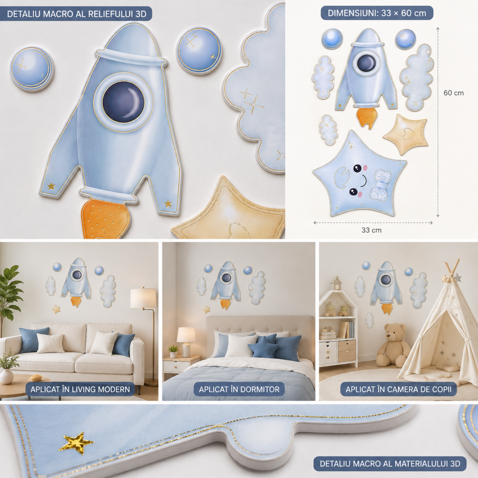 Autocolant Decorativ 3D Buretat pentru Perete, Rachetă și Steluță, Tematică Spațiu, 33 × 60 cm, Albastru