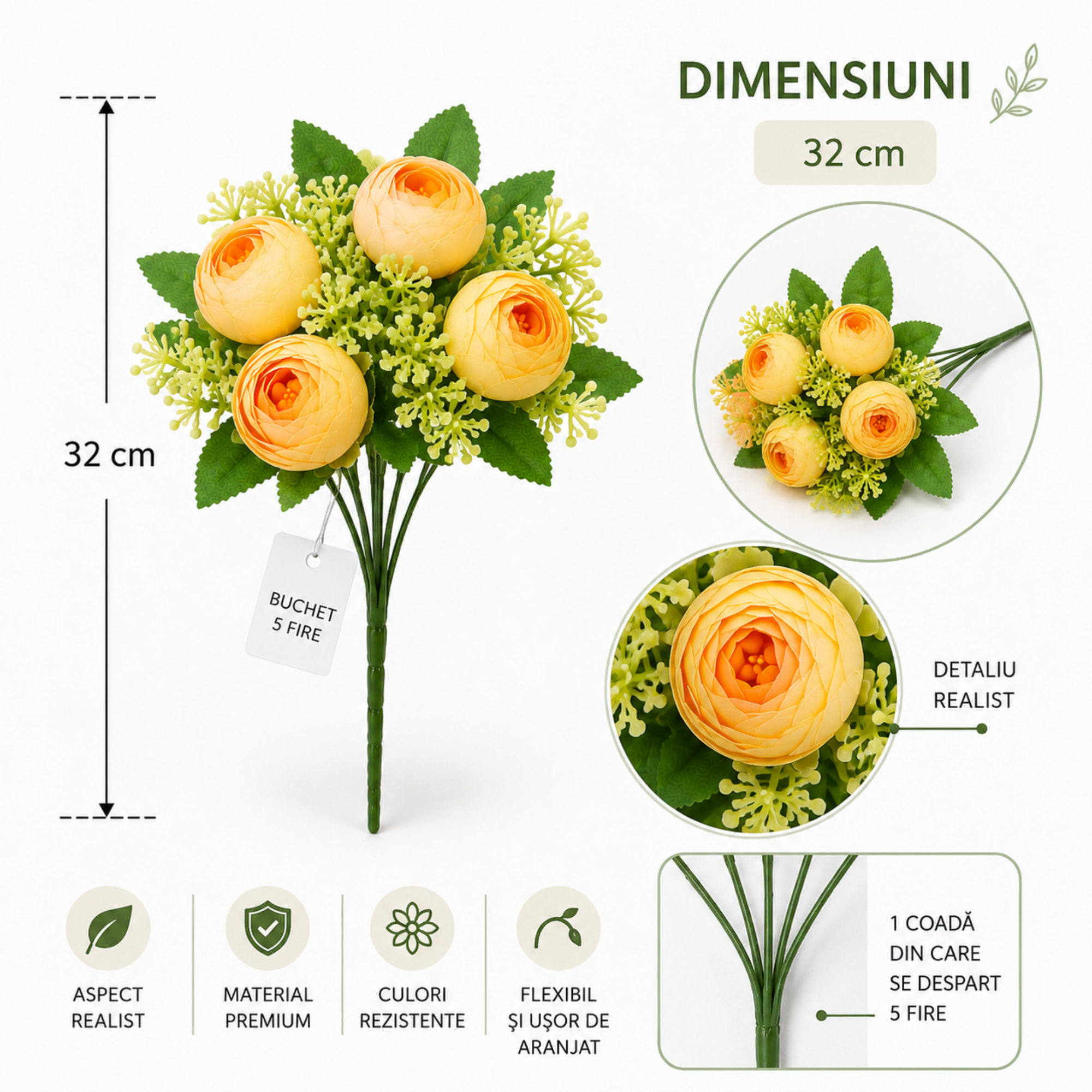 Buchet Flori Artificiale Ranunculus Decorativ, 5 Fire, 32 cm