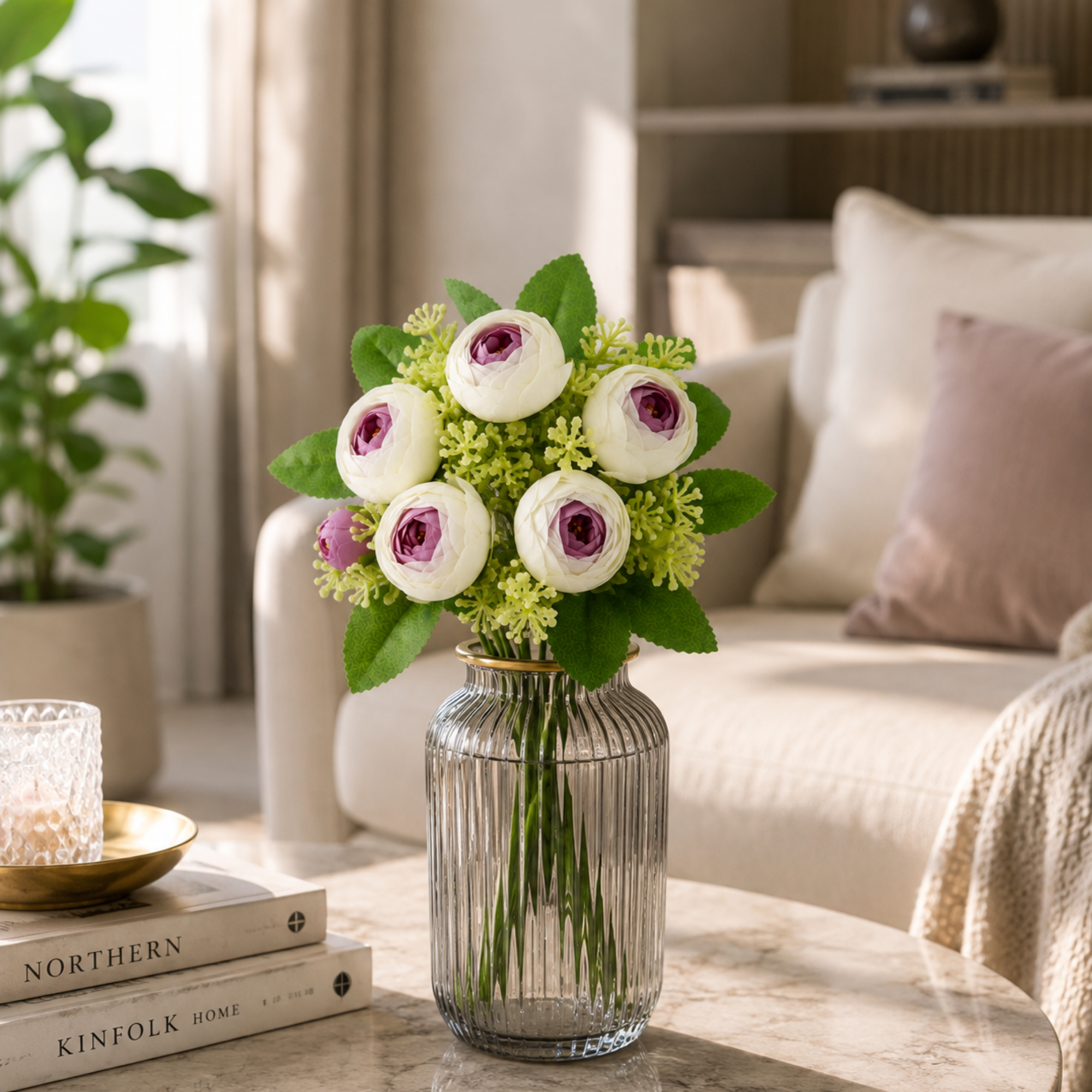 Buchet Flori Artificiale Ranunculus Decorativ, 5 Fire, 32 cm