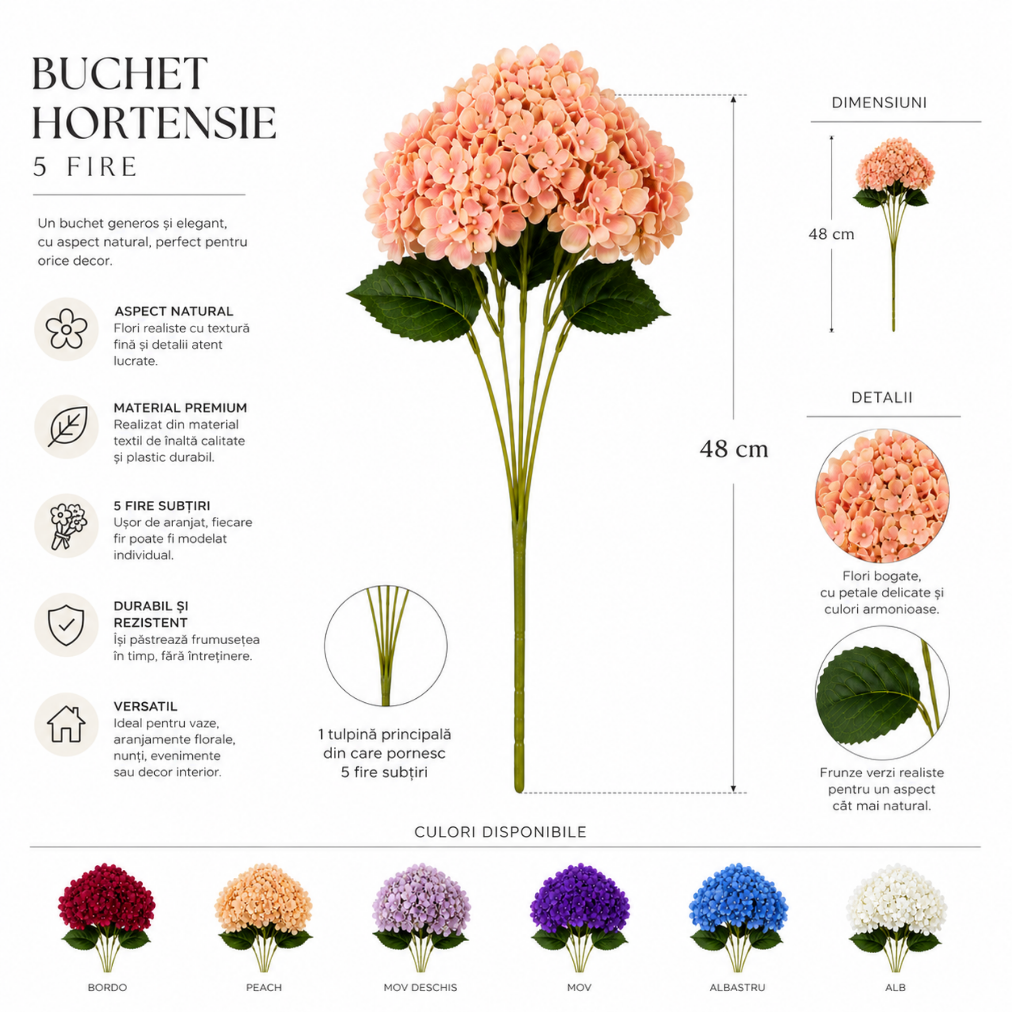 Buchet Flori Artificiale Hortensie Decorativă, 5 Fire, 48 cm