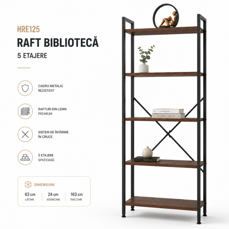 Raft Biblioteca Industriala cu 5 Etajere, Metal si Lemn, Negru/Maro, 63 x 24 x 163 cm