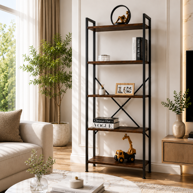 Raft Biblioteca Industriala cu 5 Etajere, Metal si Lemn, Negru/Maro, 63 x 24 x 163 cm