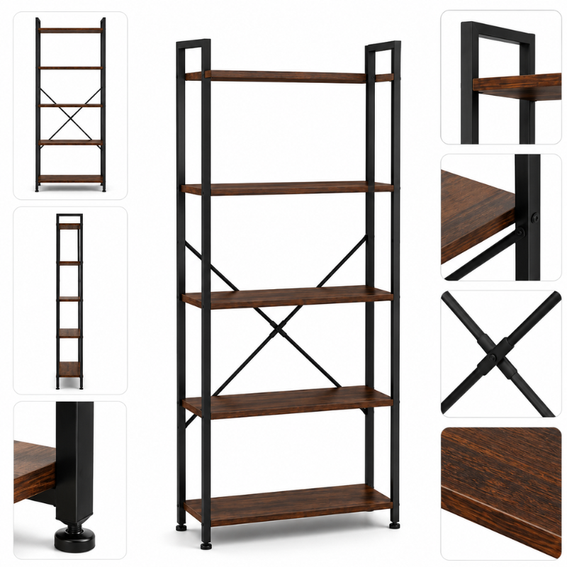 Raft Biblioteca Industriala cu 5 Etajere, Metal si Lemn, Negru/Maro, 63 x 24 x 163 cm