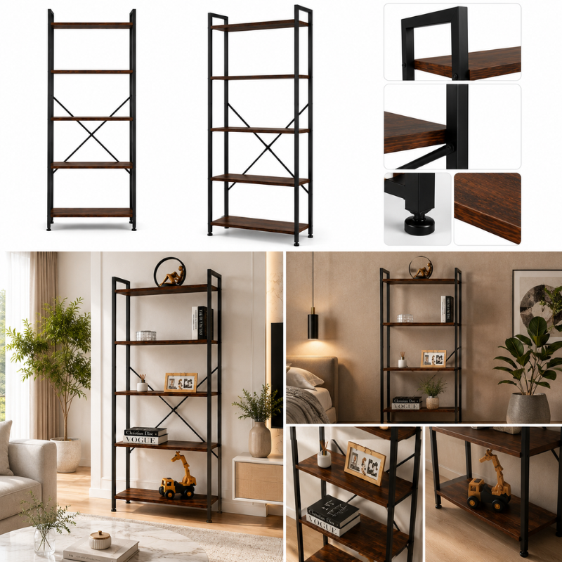 Raft Biblioteca Industriala cu 5 Etajere, Metal si Lemn, Negru/Maro, 63 x 24 x 163 cm