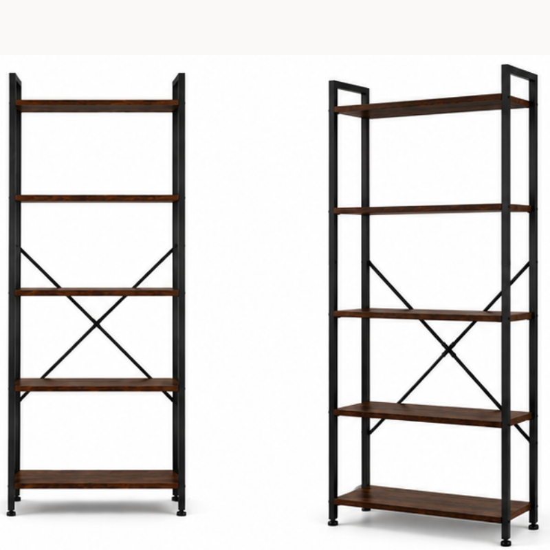 Raft Biblioteca Industriala cu 5 Etajere, Metal si Lemn, Negru/Maro, 63 x 24 x 163 cm