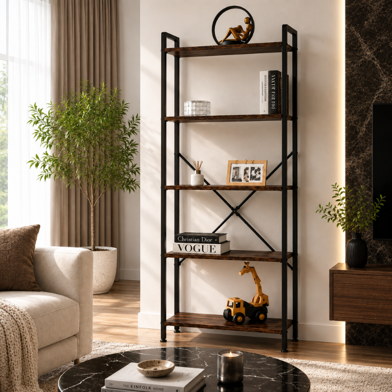 Raft Biblioteca Industriala cu 5 Etajere, Metal si Lemn, Negru/Maro, 63 x 24 x 163 cm