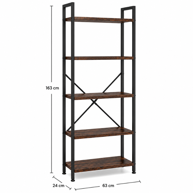 Raft Biblioteca Industriala cu 5 Etajere, Metal si Lemn, Negru/Maro, 63 x 24 x 163 cm