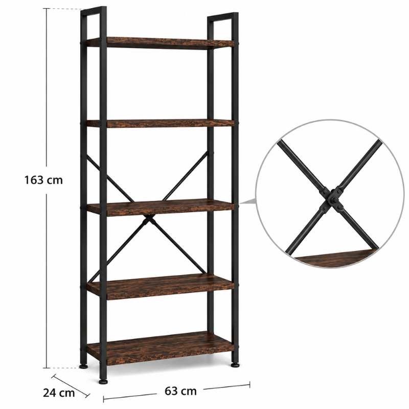 Raft Biblioteca Industriala cu 5 Etajere, Metal si Lemn, Negru/Maro, 63 x 24 x 163 cm