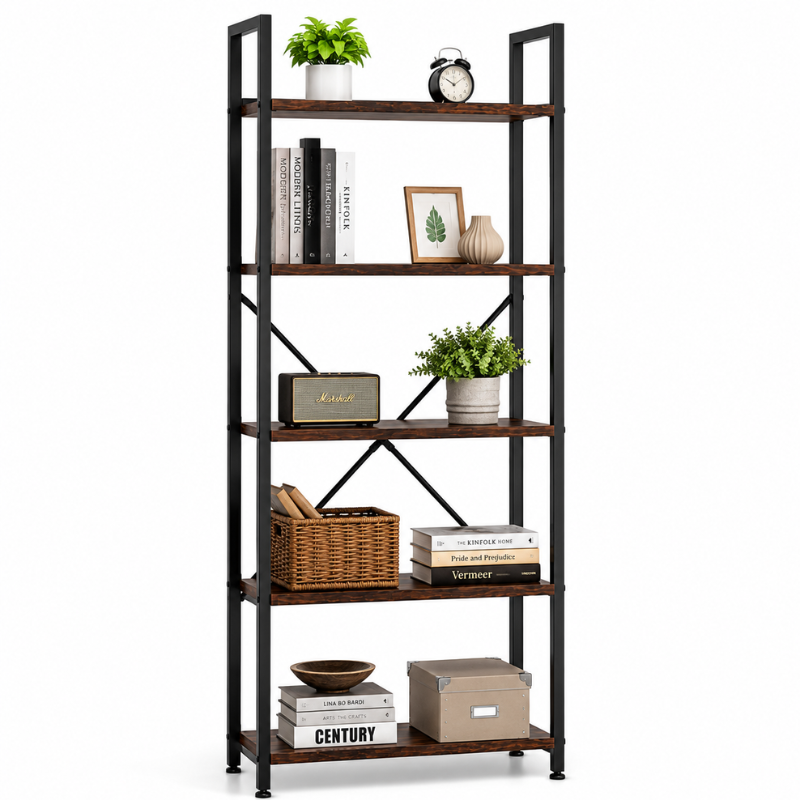 Raft Biblioteca Industriala cu 5 Etajere, Metal si Lemn, Negru/Maro, 63 x 24 x 163 cm