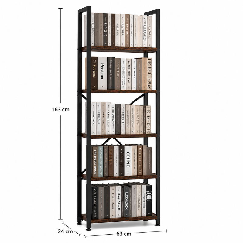 Raft Biblioteca Industriala cu 5 Etajere, Metal si Lemn, Negru/Maro, 63 x 24 x 163 cm