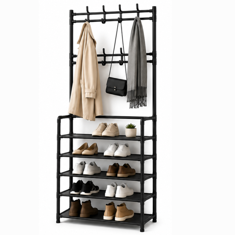 Cuier Metalic cu Pantofar din Material Textil Nețesut (Non-Woven), 5 Rafturi, 8 Cârlige, Negru, 80 x 28 x 171 cm