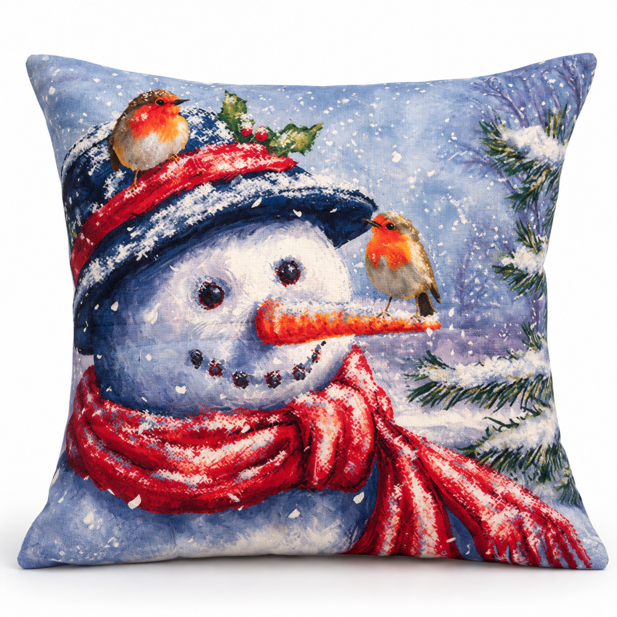 Perna decorativa de Craciun 45x45 cm, material catifelat, modele festive cu Om de Zapada, multicolor