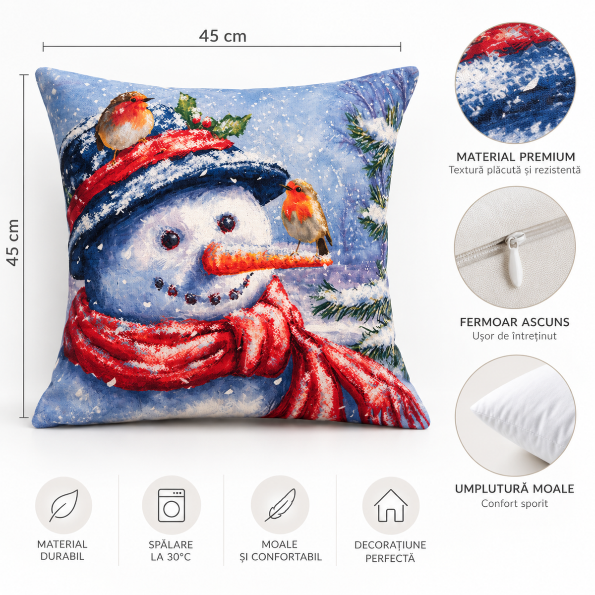 Perna decorativa de Craciun 45x45 cm, material catifelat, modele festive cu Om de Zapada, multicolor