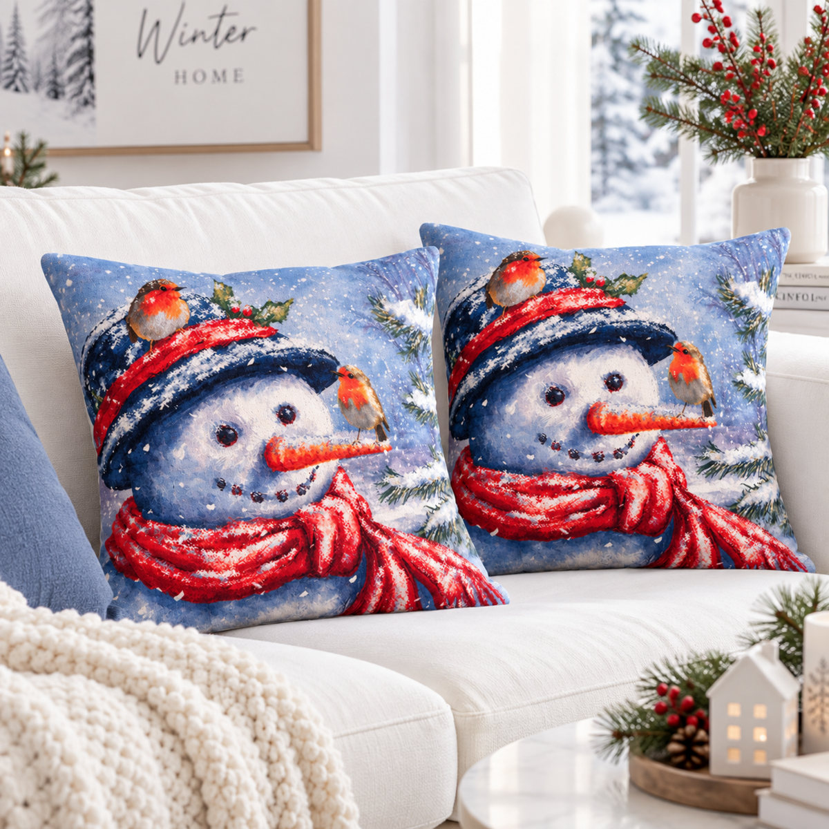 Perna decorativa de Craciun 45x45 cm, material catifelat, modele festive cu Om de Zapada, multicolor