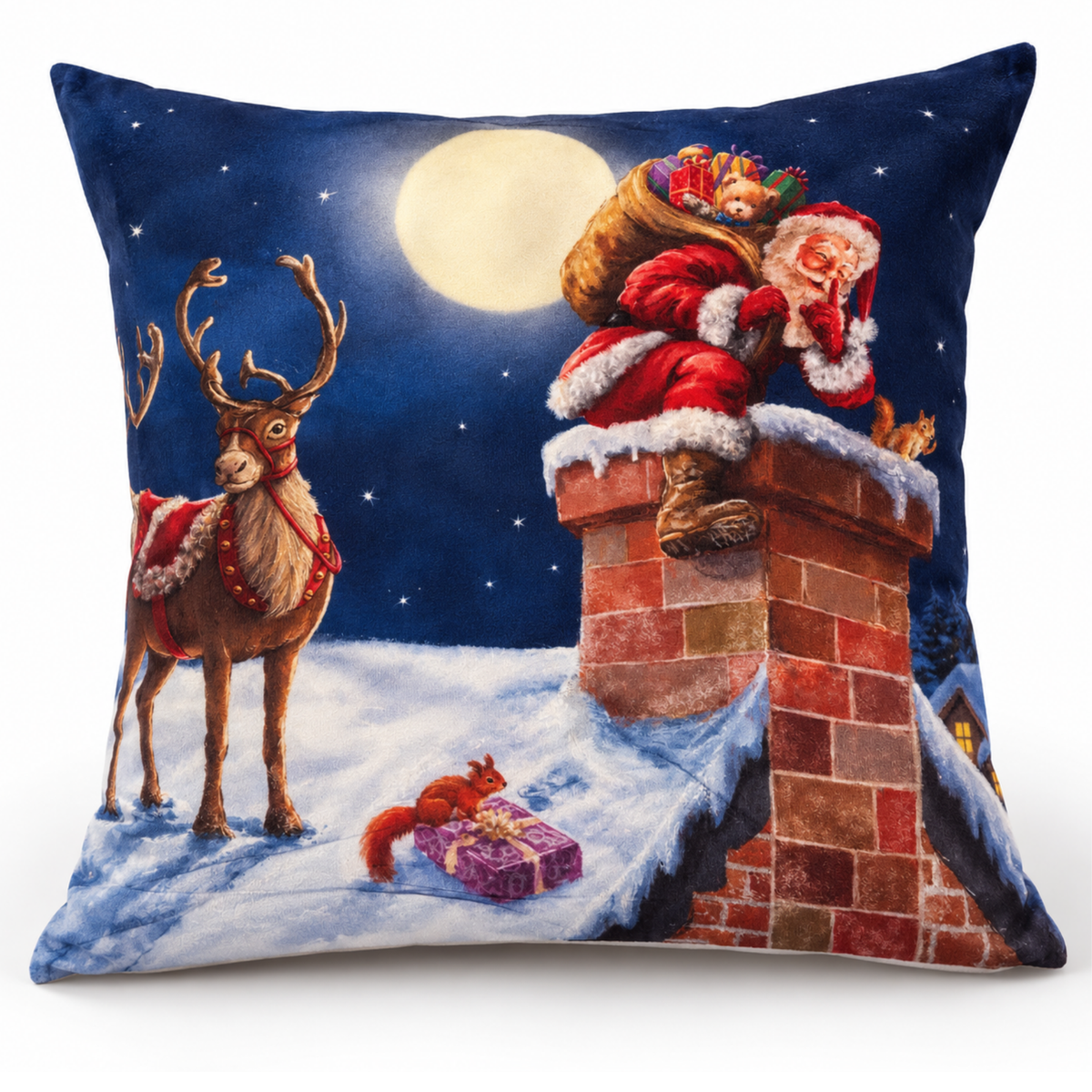 Fata de Perna decorativa de Craciun 45x45 cm, material catifelat, imprimeu festiv de iarna, multicolor
