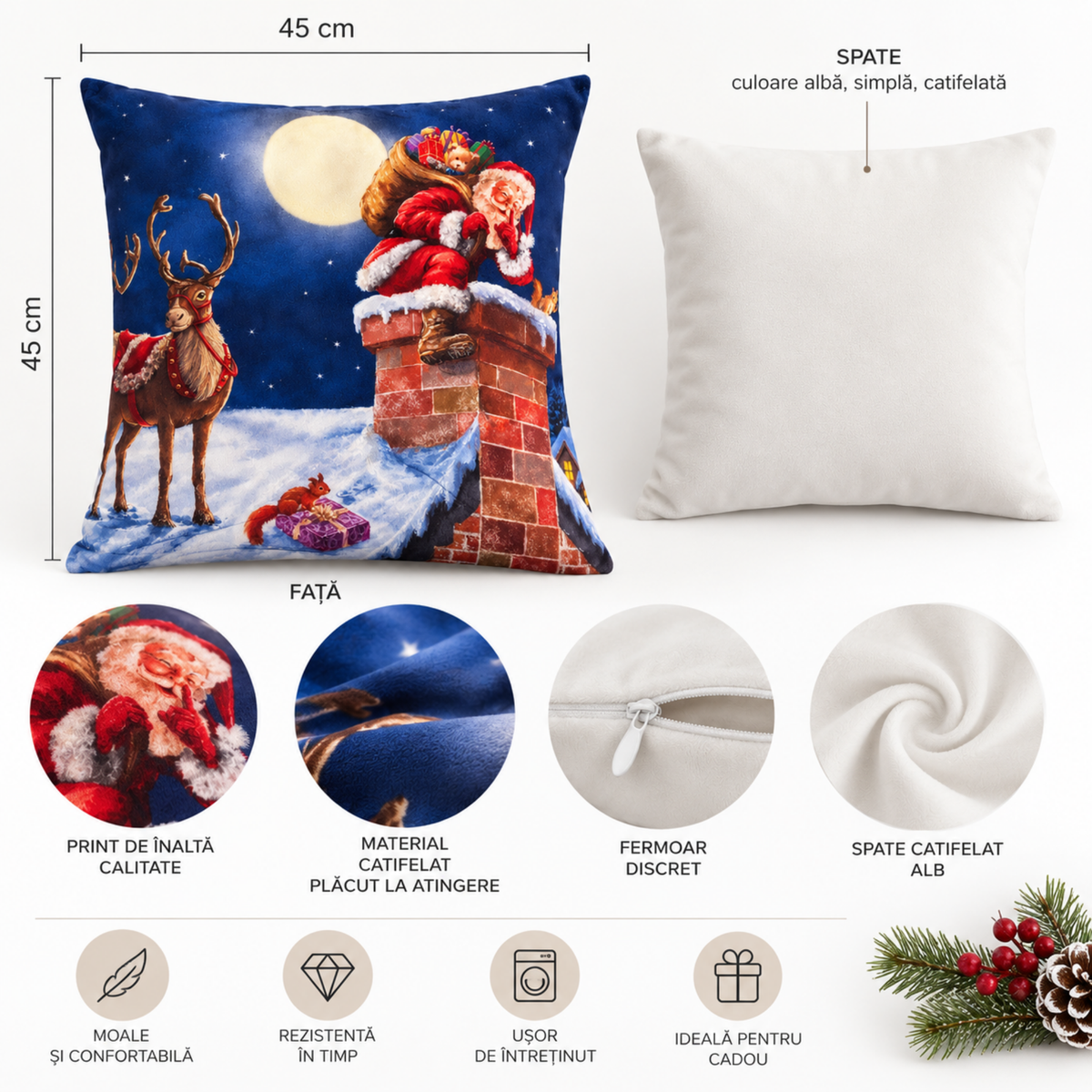 Fata de Perna decorativa de Craciun 45x45 cm, material catifelat, imprimeu festiv de iarna, multicolor
