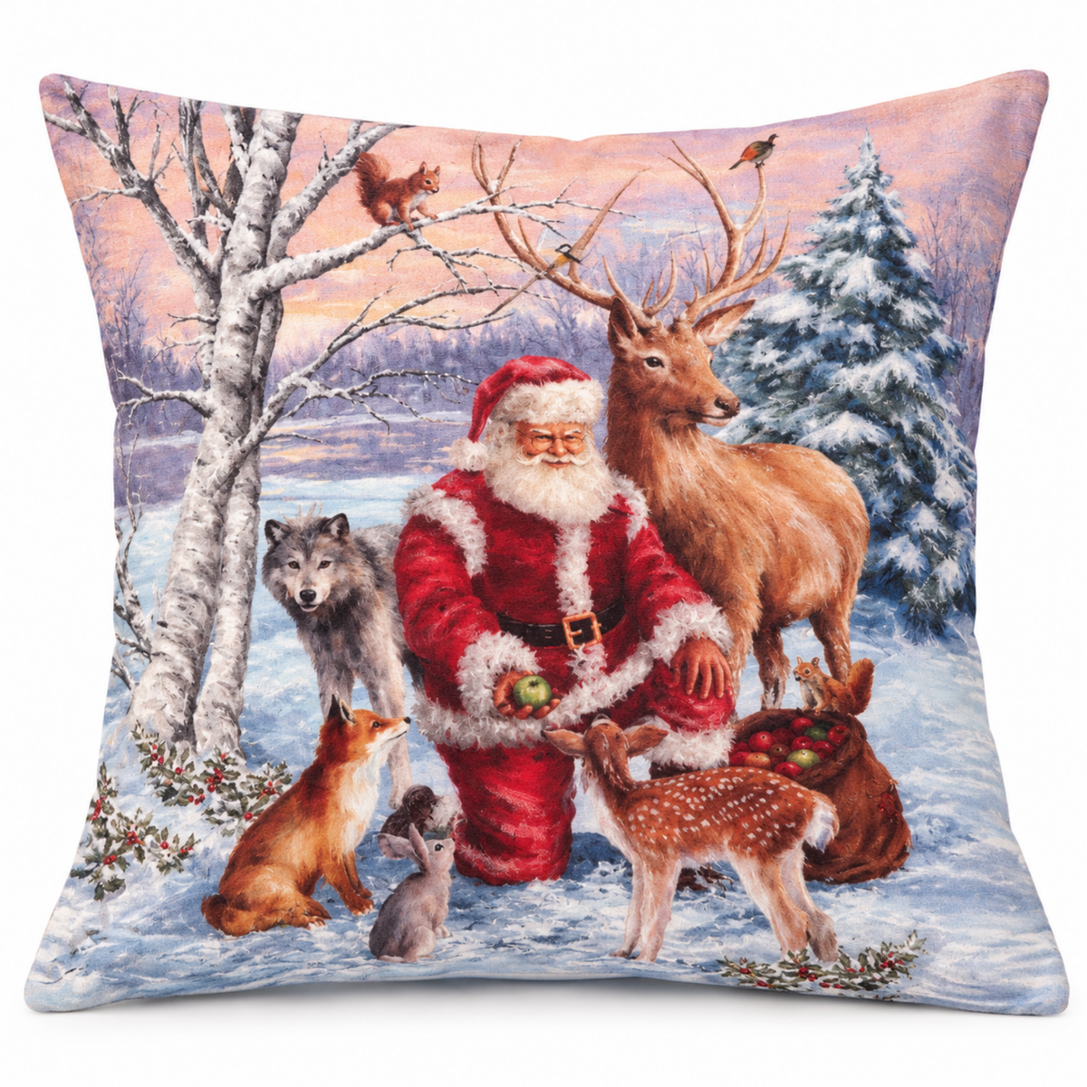 Fata de Perna decorativa de Craciun 45x45 cm, material catifelat, imprimeu festiv de iarna, multicolor