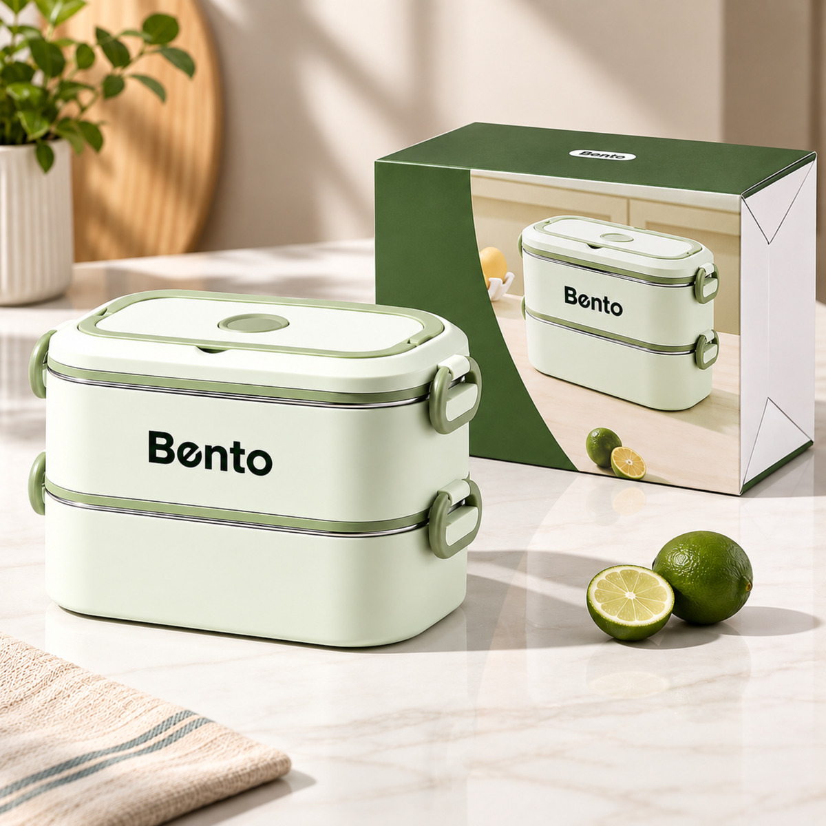 Cutie Lunch Box Bento din inox, cu geanta termoizolanta si tacamuri - Verde