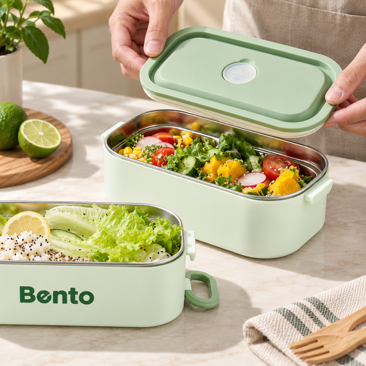 Cutie Lunch Box Bento din inox, cu geanta termoizolanta si tacamuri - Verde