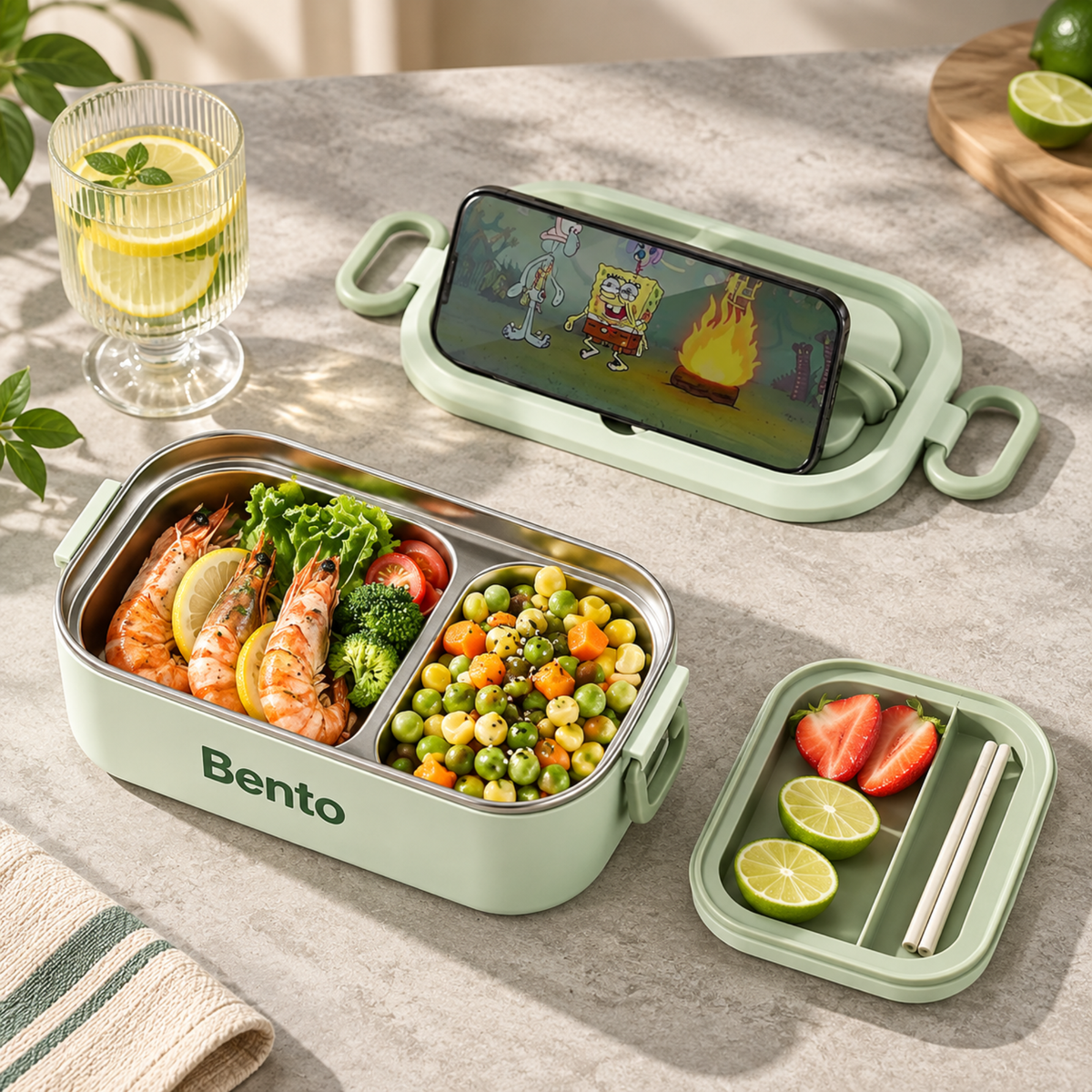 Cutie Lunch Box Bento din inox, cu geanta termoizolanta si tacamuri - Verde