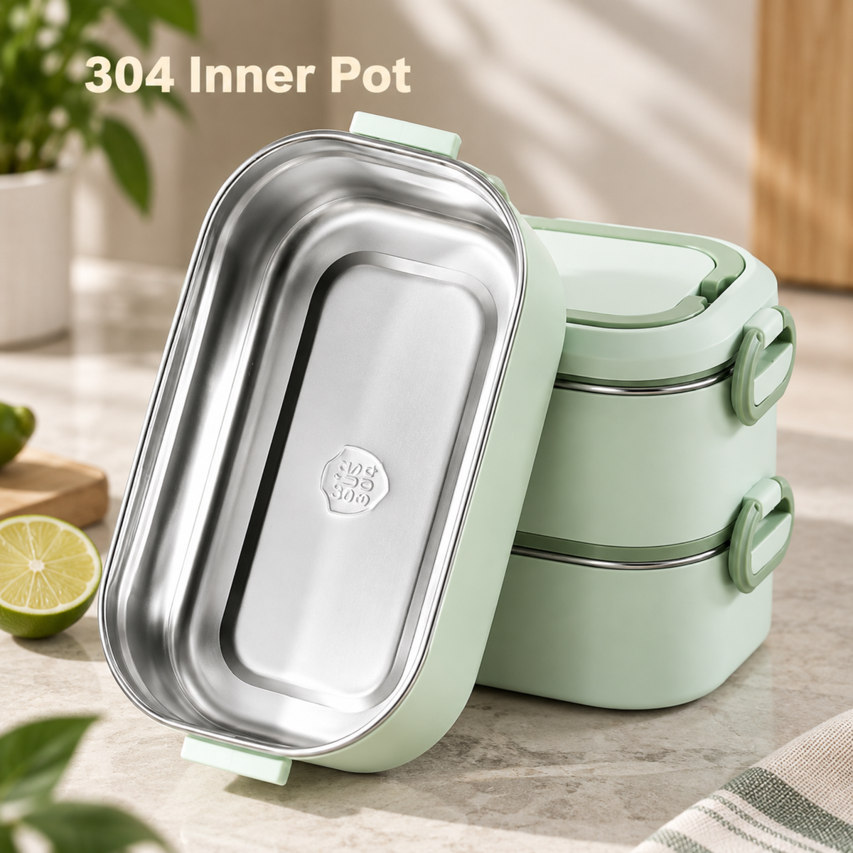 Cutie Lunch Box Bento din inox, cu geanta termoizolanta si tacamuri - Verde