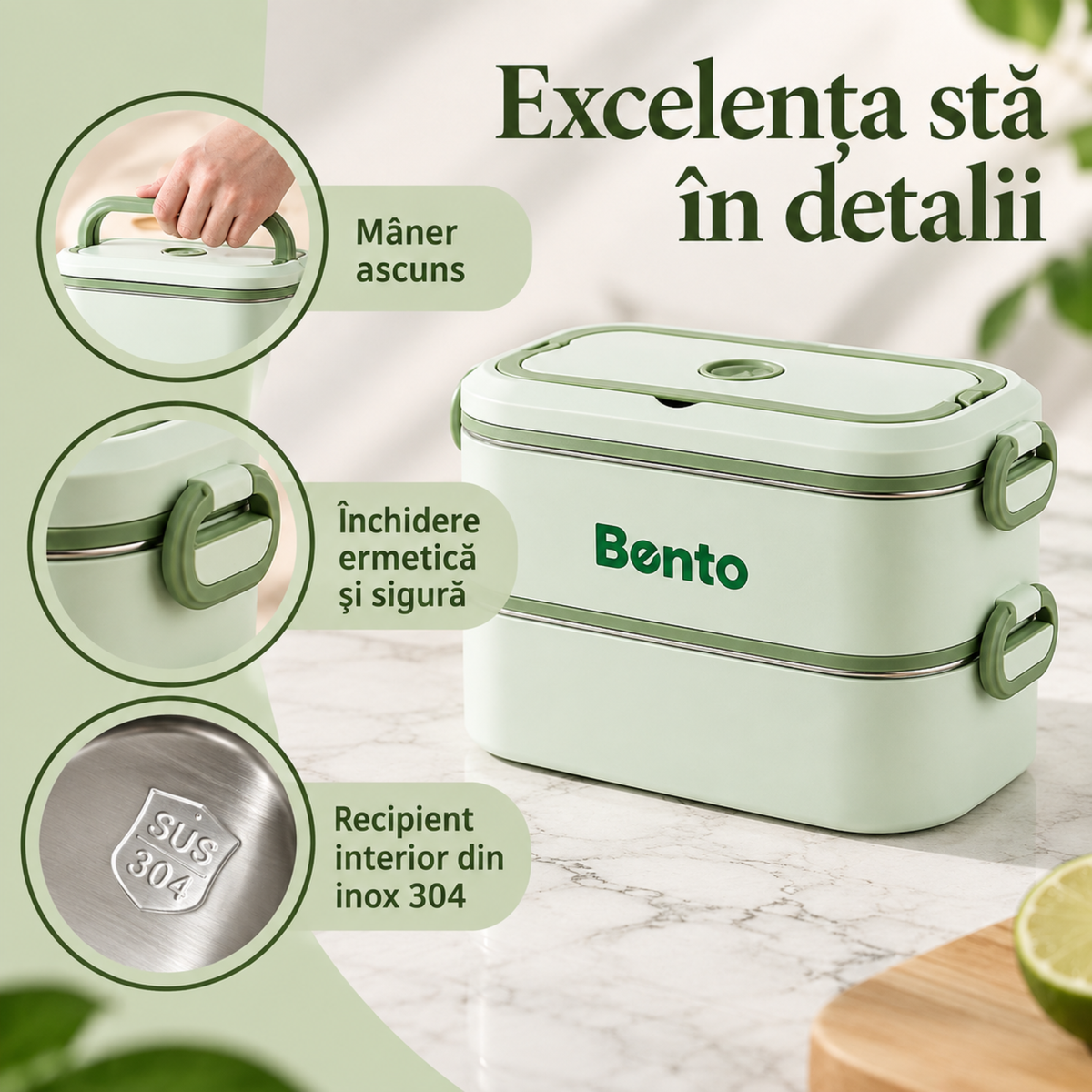 Cutie Lunch Box Bento din inox, cu geanta termoizolanta si tacamuri - Verde