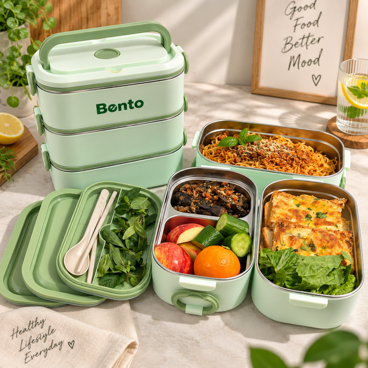 Cutie Lunch Box Bento din inox, cu geanta termoizolanta si tacamuri - Verde