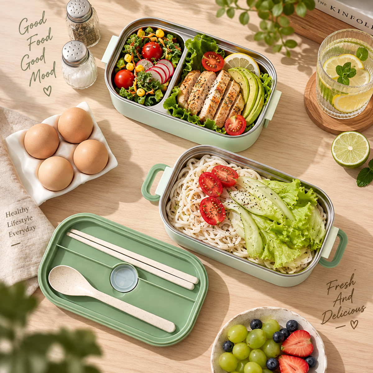 Cutie Lunch Box Bento din inox, cu geanta termoizolanta si tacamuri - Verde