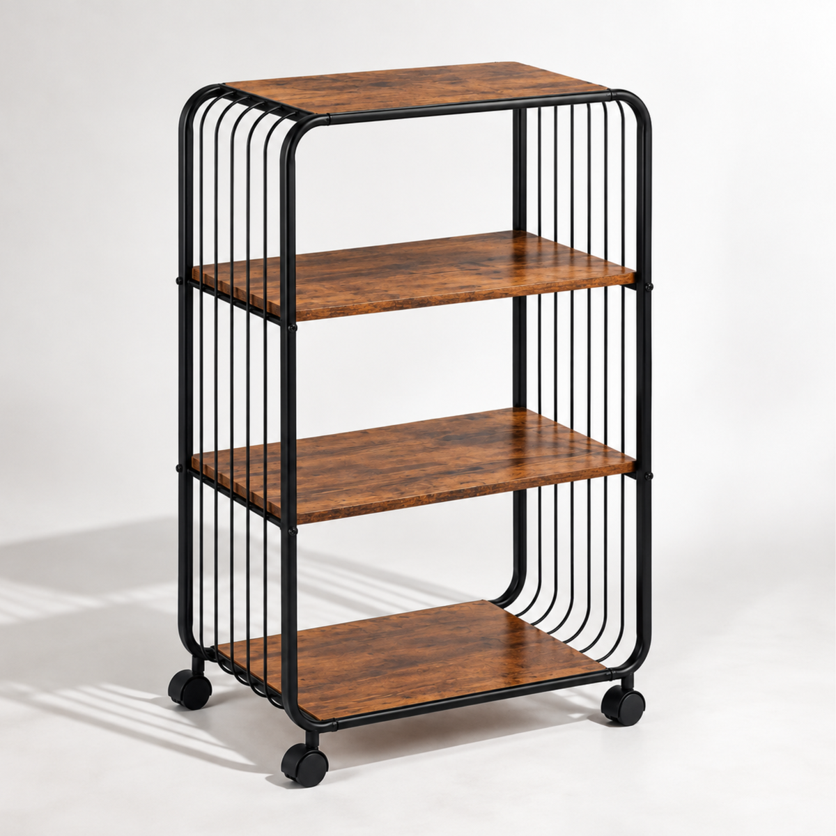 Raft mobil 3 niveluri cu roti 360°, Metal si lemn maro rustic, 43.5x28x74 cm, Negru/ Maro - Calitate Premium