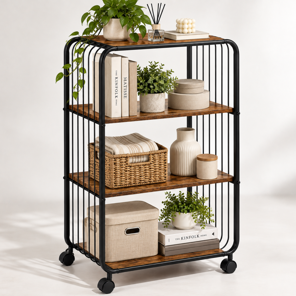 Raft mobil 3 niveluri cu roti 360°, Metal si lemn maro rustic, 43.5x28x74 cm, Negru/ Maro - Calitate Premium