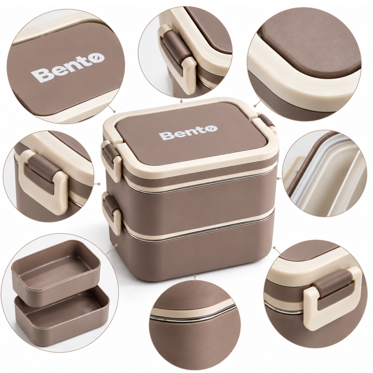 Caserola Termica Bento 2 Compartimente cu Insertii din Inox SUS304, Geanta Termoizolanta Inclusa, 12.5 x 12.5 x 14 cm, Maro