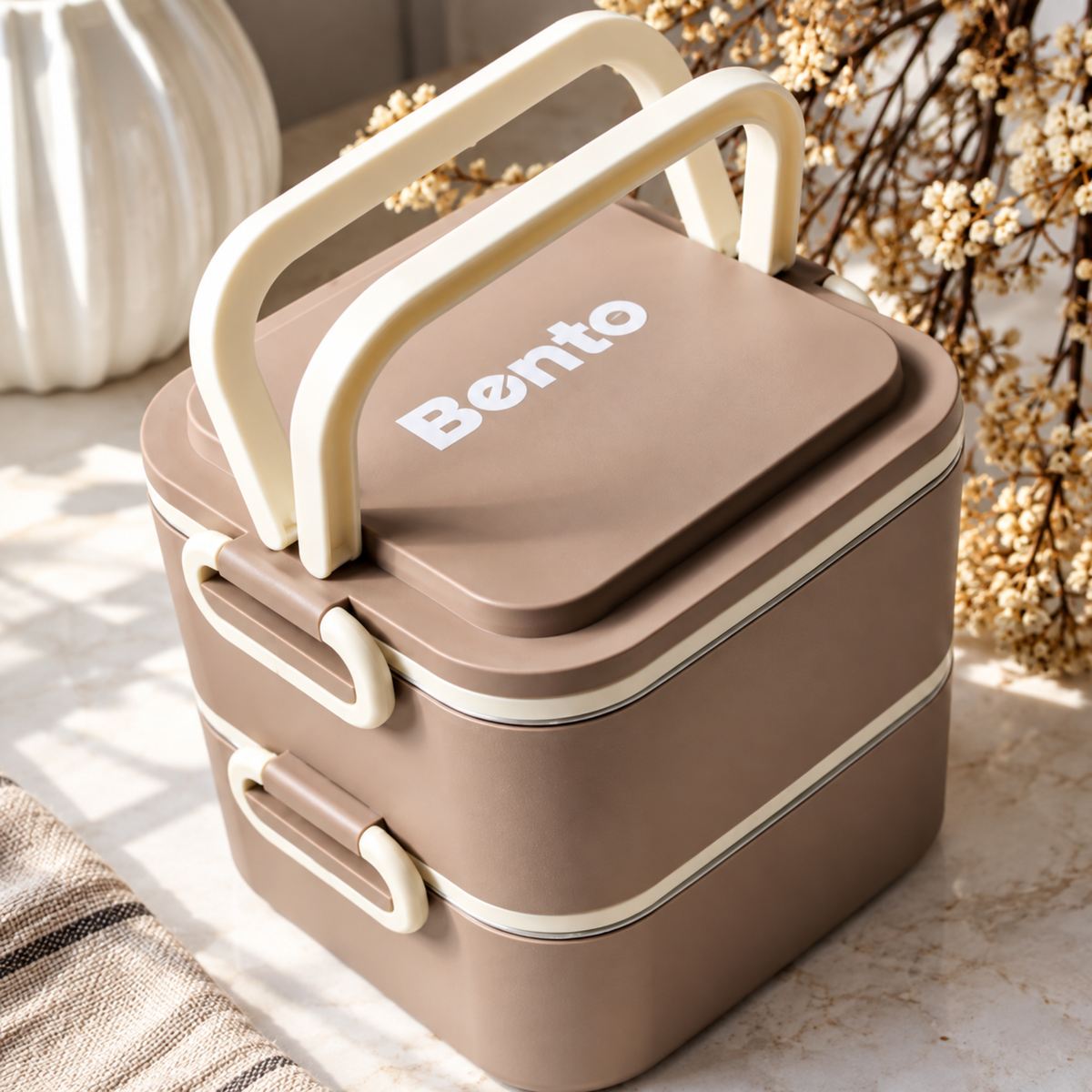 Caserola Termica Bento 2 Compartimente cu Insertii din Inox SUS304, Geanta Termoizolanta Inclusa, 12.5 x 12.5 x 14 cm, Maro