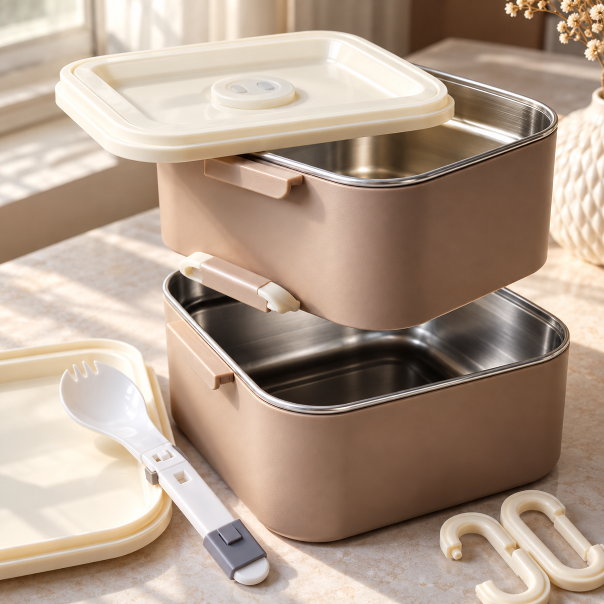 Caserola Termica Bento 2 Compartimente cu Insertii din Inox SUS304, Geanta Termoizolanta Inclusa, 12.5 x 12.5 x 14 cm, Maro