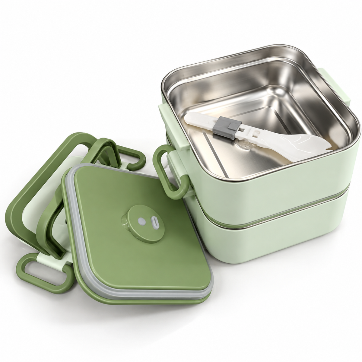 Caserola Termica Bento 2 Compartimente cu Insertii din Inox SUS304, Geanta Termoizolanta Inclusa, 12.5 x 12.5 x 14 cm, Verde
