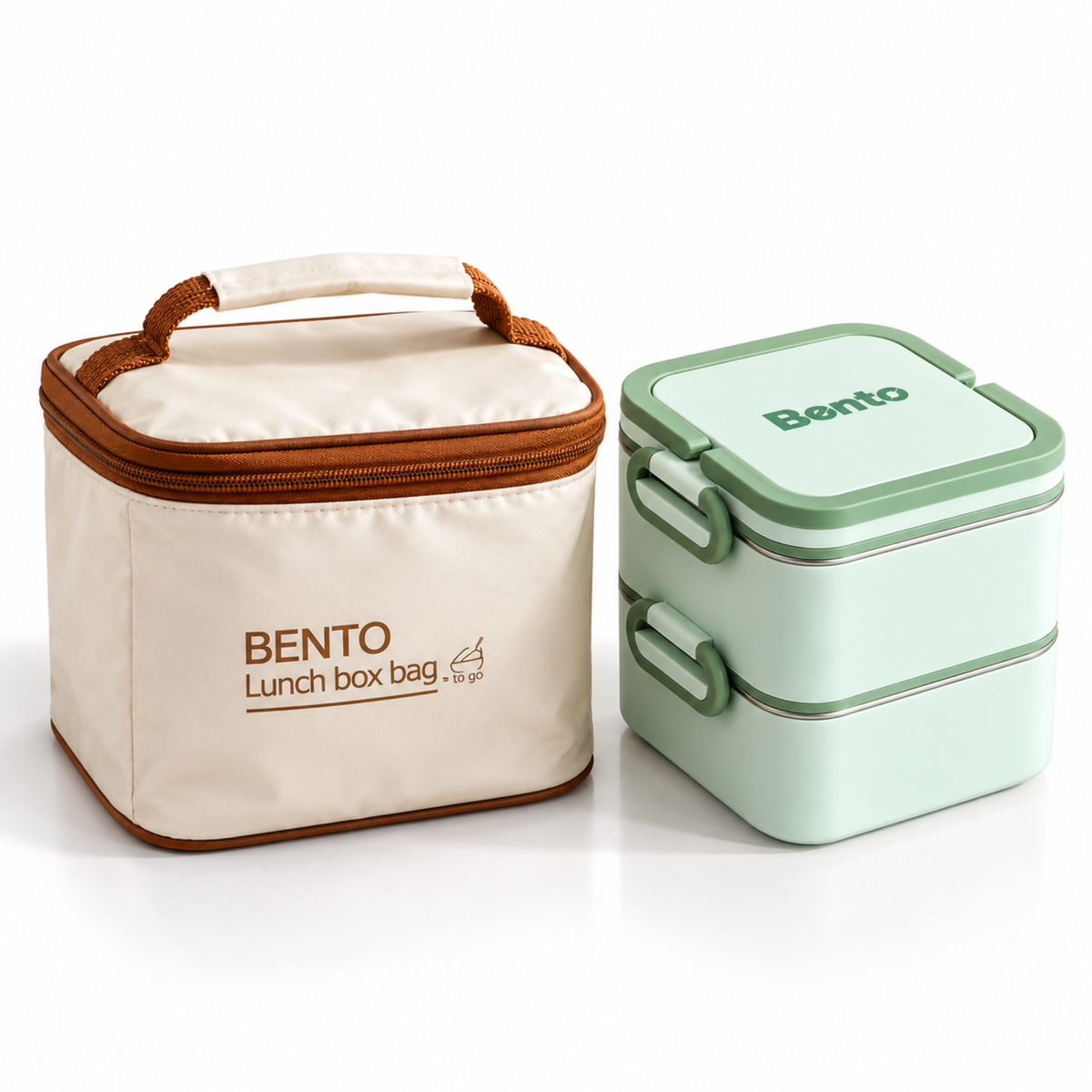 Caserola Termica Bento 2 Compartimente cu Insertii din Inox SUS304, Geanta Termoizolanta Inclusa, 12.5 x 12.5 x 14 cm, Verde