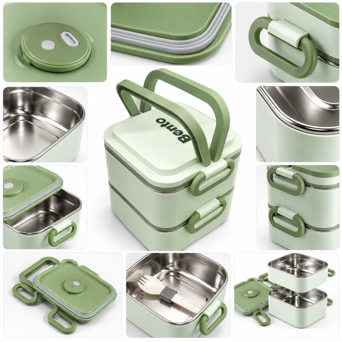 Caserola Termica Bento 2 Compartimente cu Insertii din Inox SUS304, Geanta Termoizolanta Inclusa, 12.5 x 12.5 x 14 cm, Verde